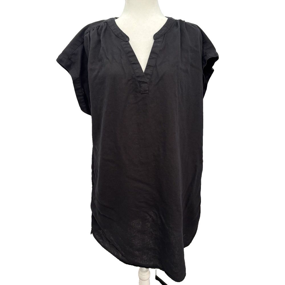 Ana Dress Womens XL Black Oversized Tunic Boho Linen Cover Up Popover Henley